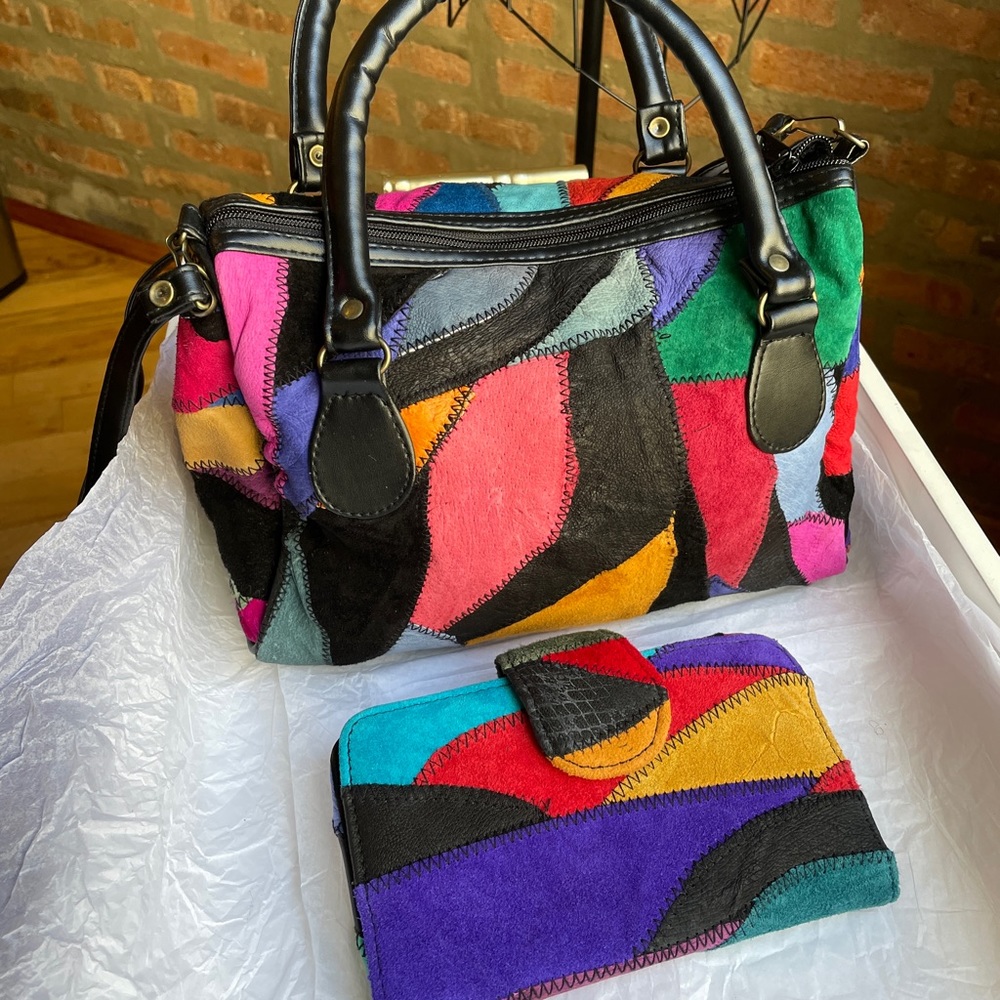 VINTAGE 80s Suede Leather Patchwork Purse + Matching Wallet